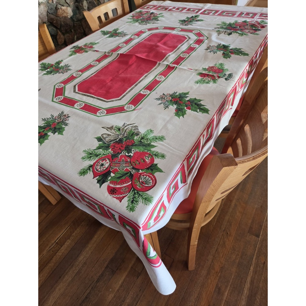 Vintage Christmas Tablecloth MCM 52x68 Retro Some Minor Flaws See Pics